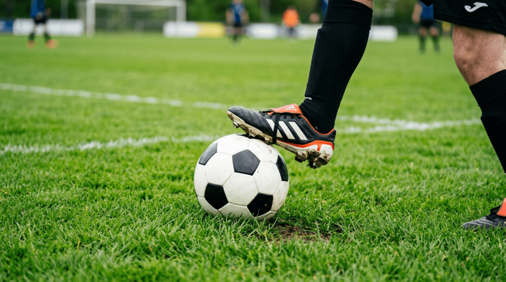 Soccer cleat on top of a black and white soccer ball on grass