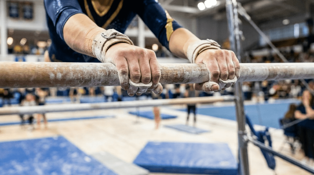 Gymnast's hands gripping chalked uneven bars with wrist guards