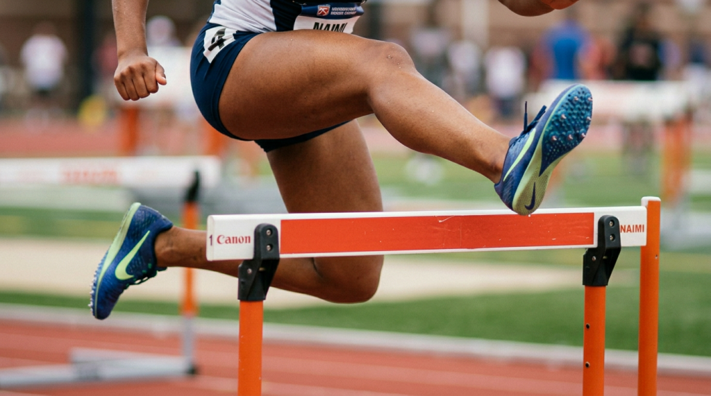 Close-up hurdle jump, runner mostly out of frame