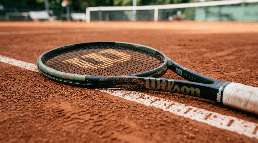 Close-up tennis racket on court surface