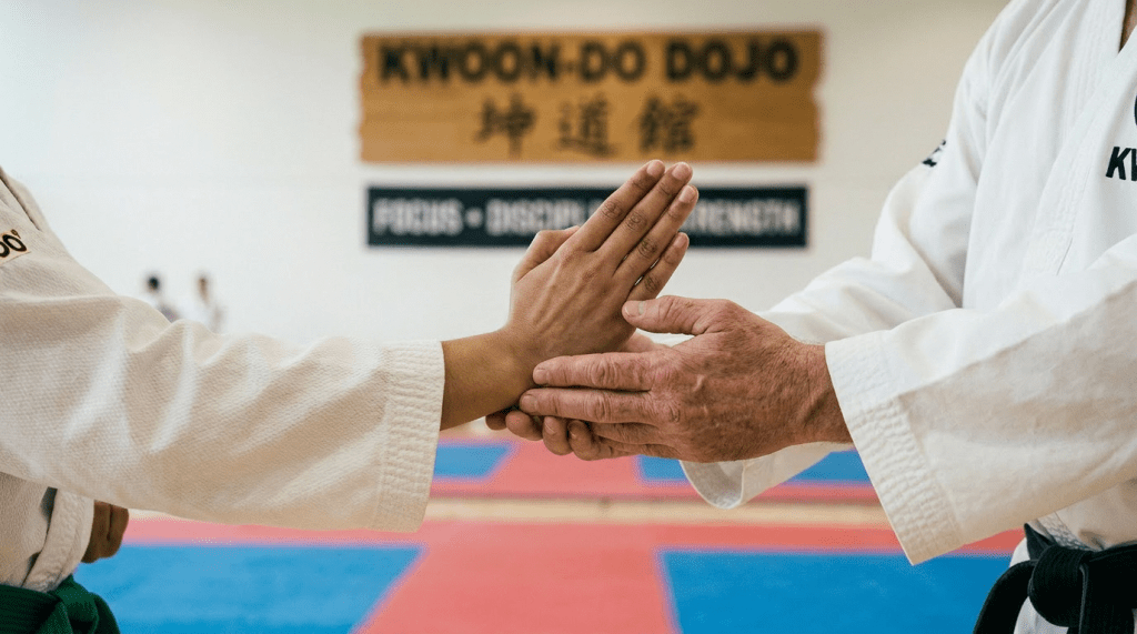 Martial arts students training in Kwoon-Do Dojo with mats and instructor guidance