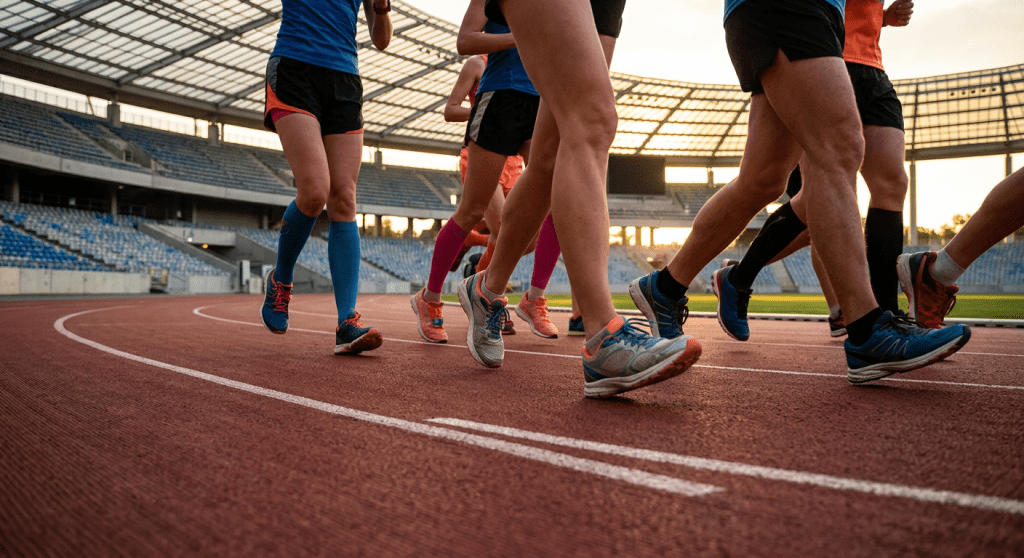 Group of runners with race bibs running on a path beside a river at sunset
