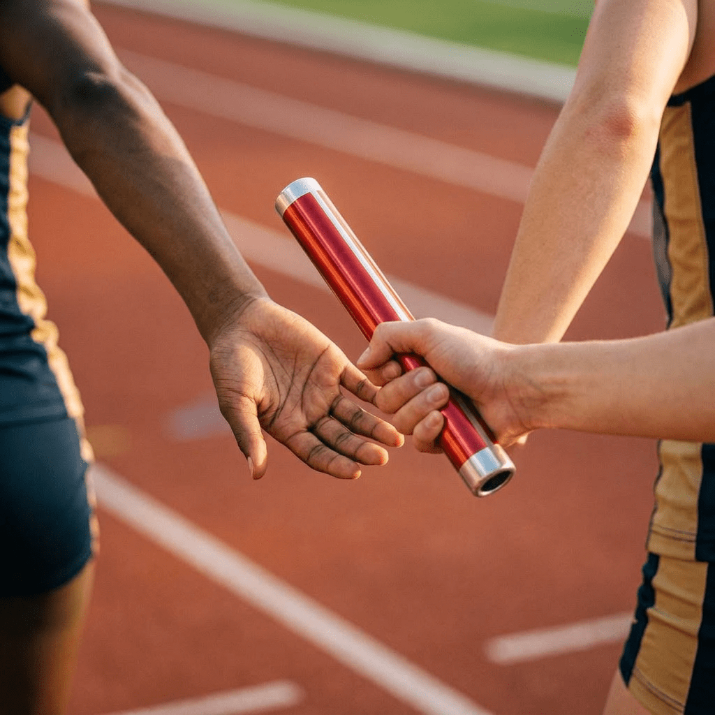 Two female runners passing a relay baton on an outdoor track with a large watching crowd
